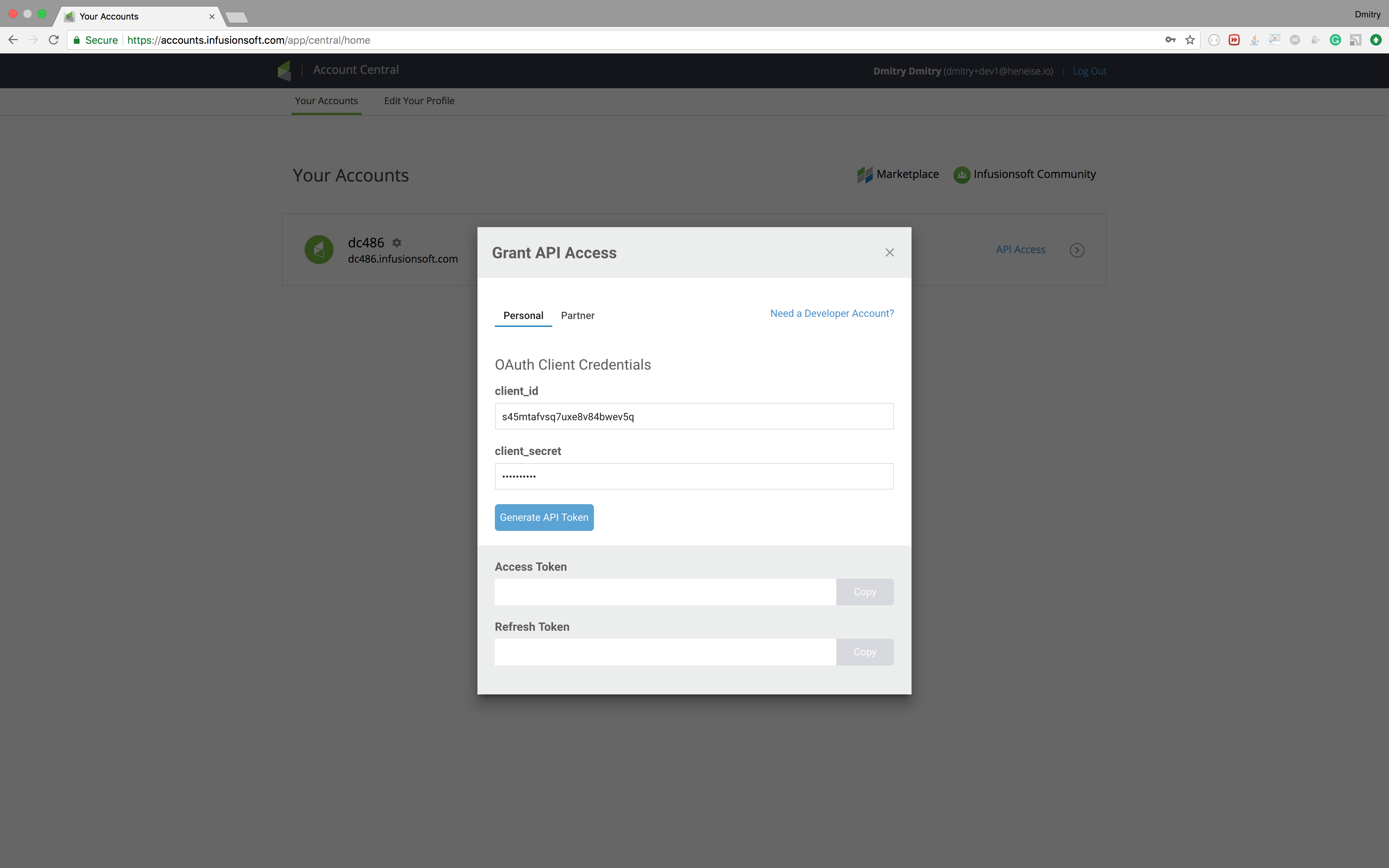 Infusionsoft OAuth Credentials