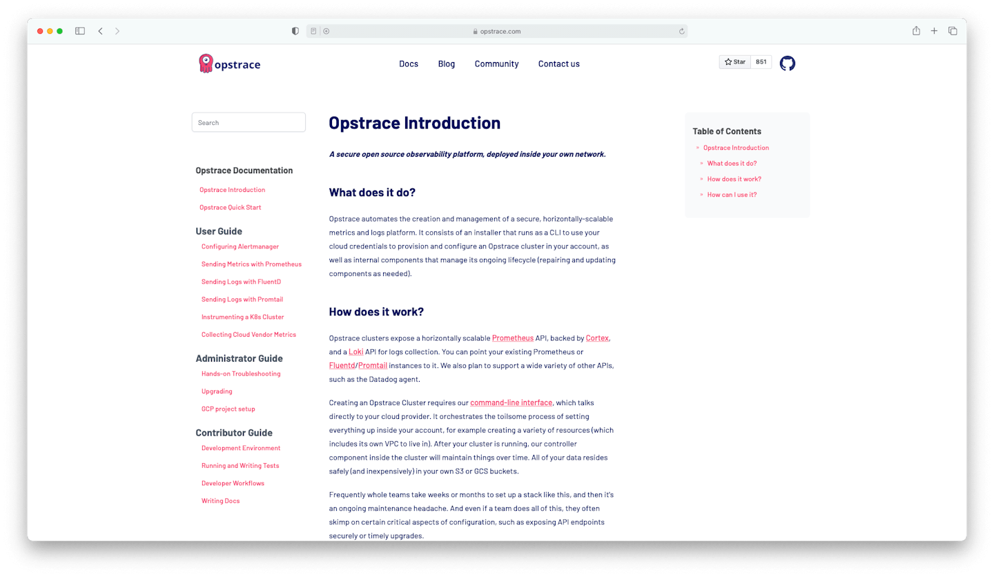 screenshot of the Opstrace documentation