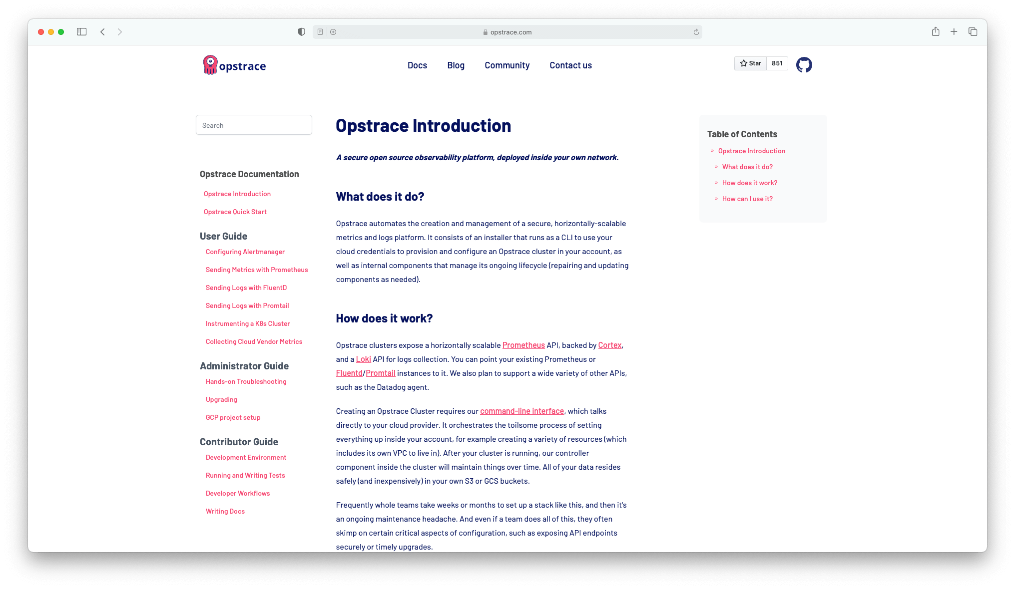 screenshot of the Opstrace documentation