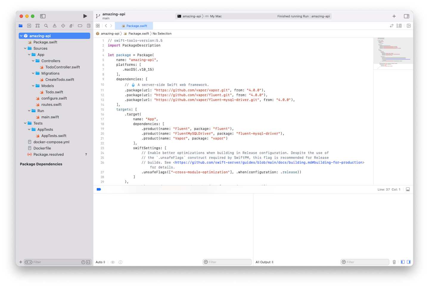 screenshot of Xcode with the initial scaffolding of a new project