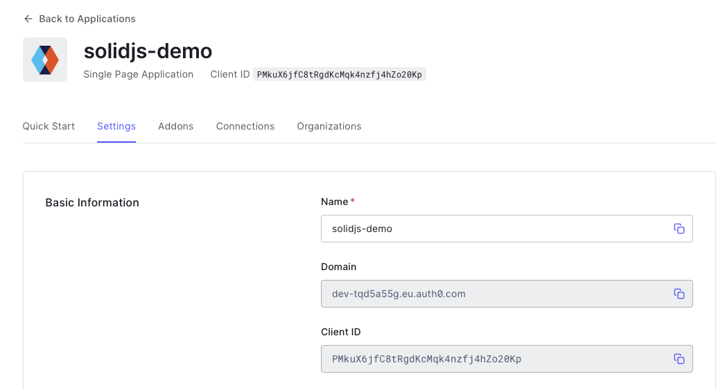 screenshot showing the auth0 application client id and secret