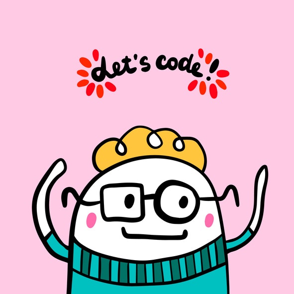Let's code hand dranw vector illustration in cartoon style. Happy programmer