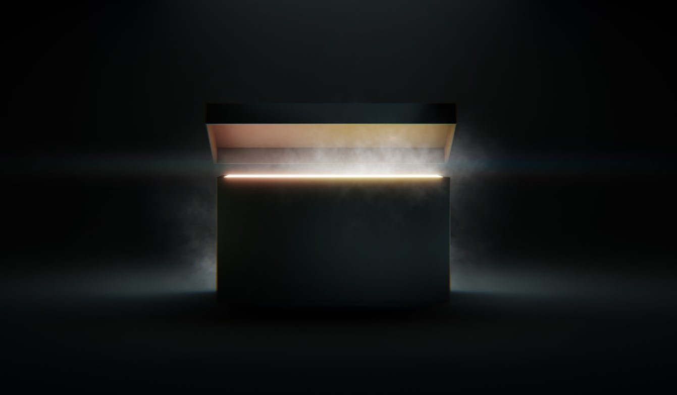 (3D rendering, illustration) Open the mysterious Pandora's box with rays of light stock photo